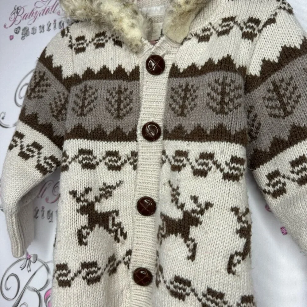 Roots outdoors sweater button up knitted fur trim hood kids unisex brown crochet